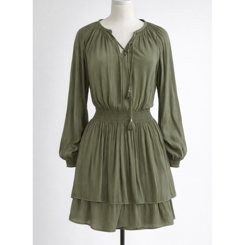 Ramy Brook Ruffle Mini Dress Army Green Smocked Waist V-Neck XS Tassel Adorable